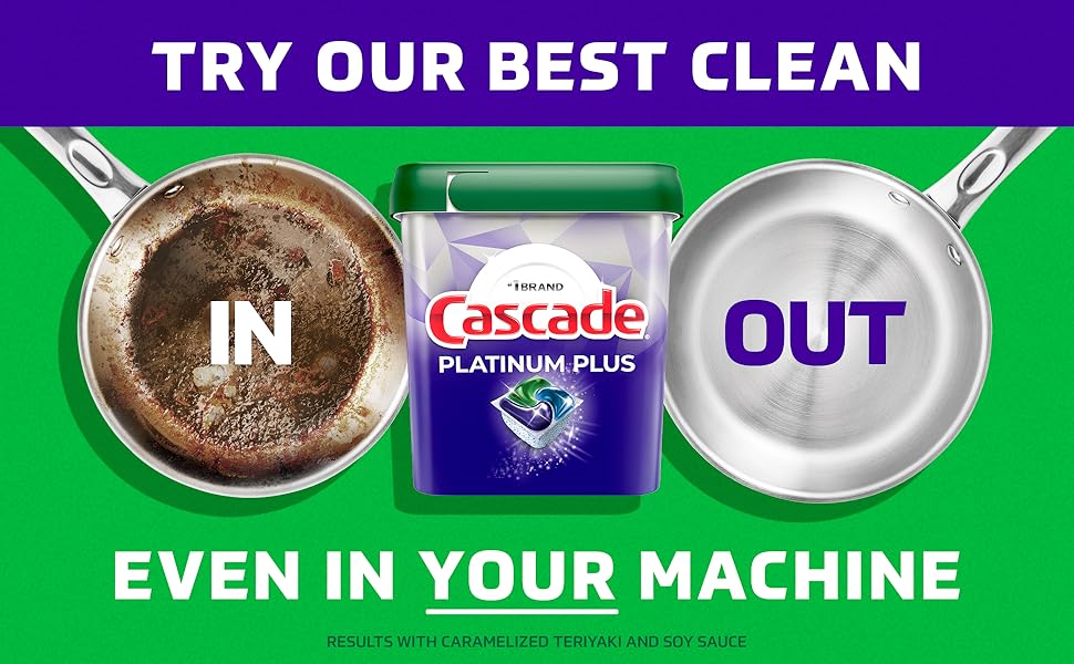 Dirty pan next to word In. Sparkling-clean pan next to word Out.
