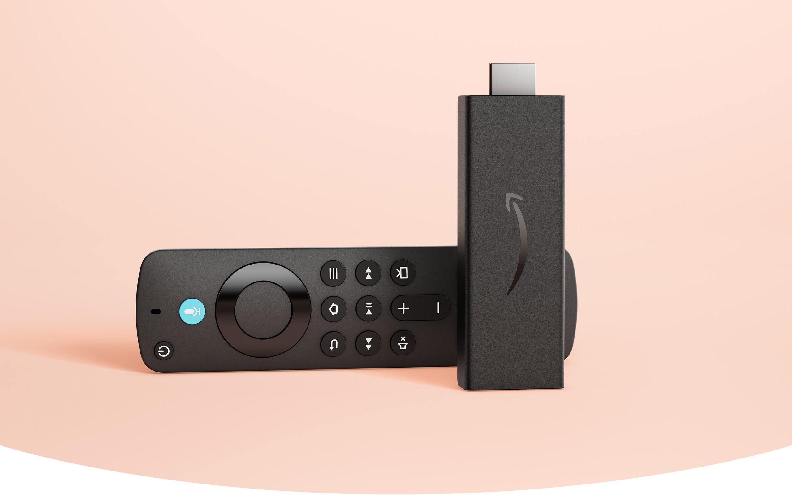 Fire TV Stick HD and the Alexa Voice Remote sit on a well-light pink environment. 