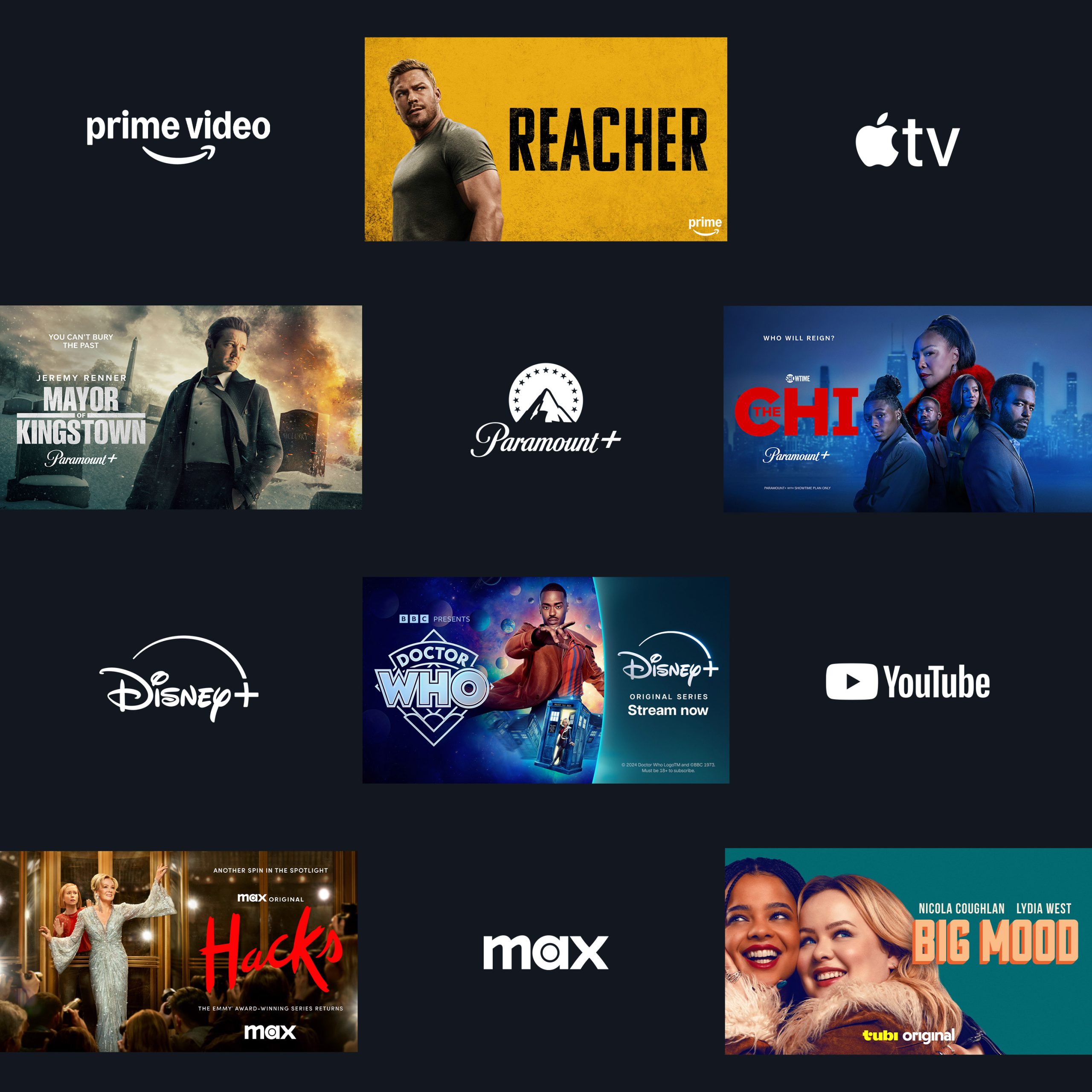  Checkerboard montage of scenes from various shows with logos from streaming services like Prime Video, Hulu, Apple TV, Max on a blue background. 