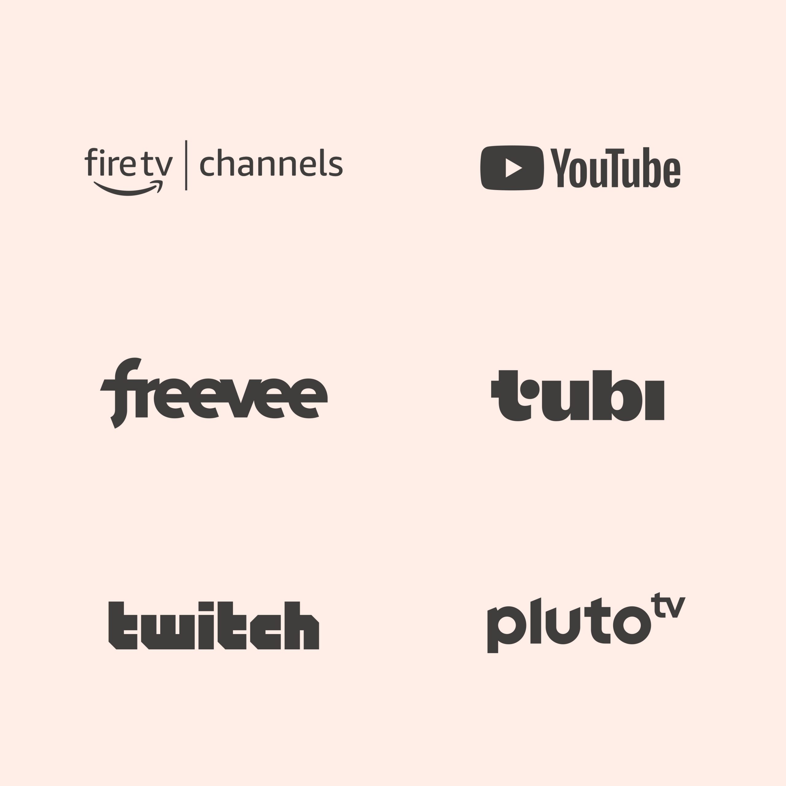 Popular free TV streaming platform logos on a pink background. A few logos include YouTube, Pluto, and Freevee. 