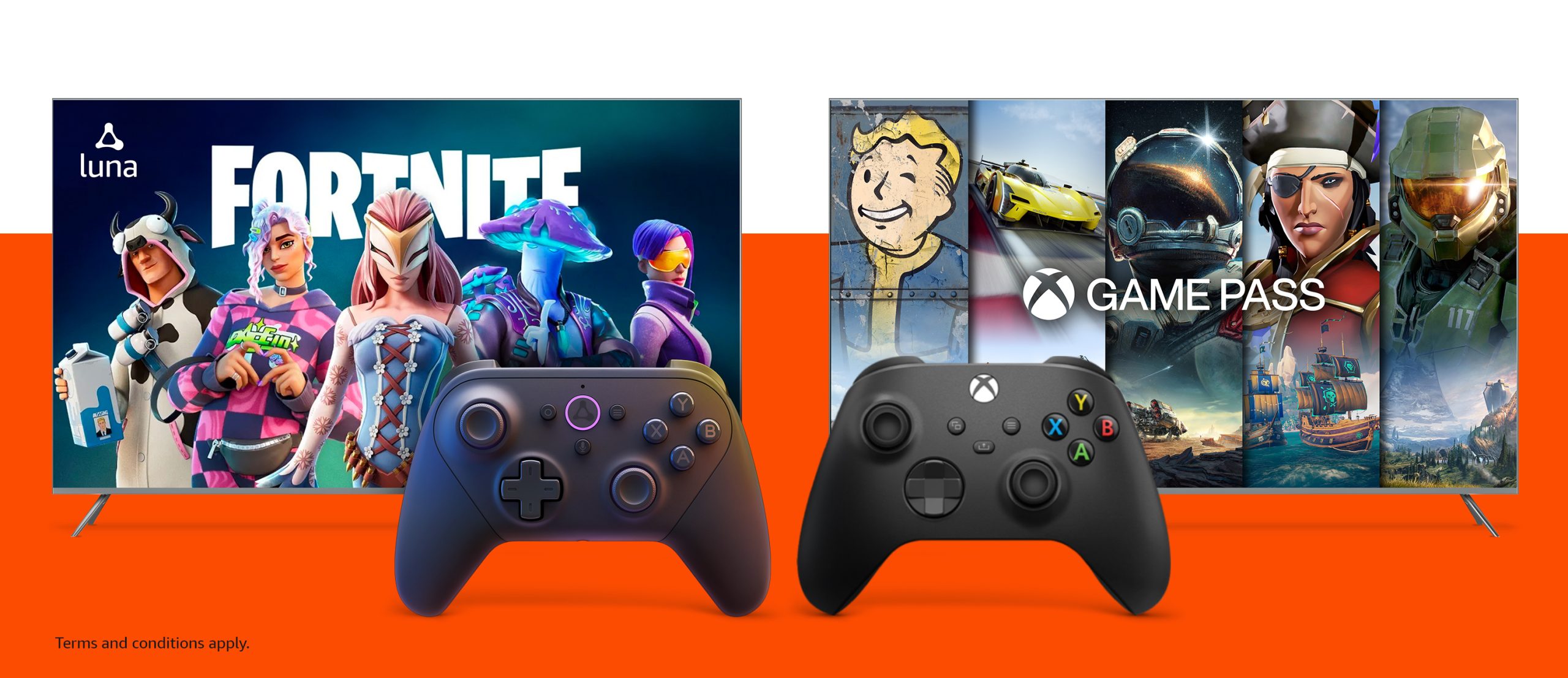 HDTV displays the promo screen for the game, "Fortnite." A Luna game controller is propped in front of the HDTV.