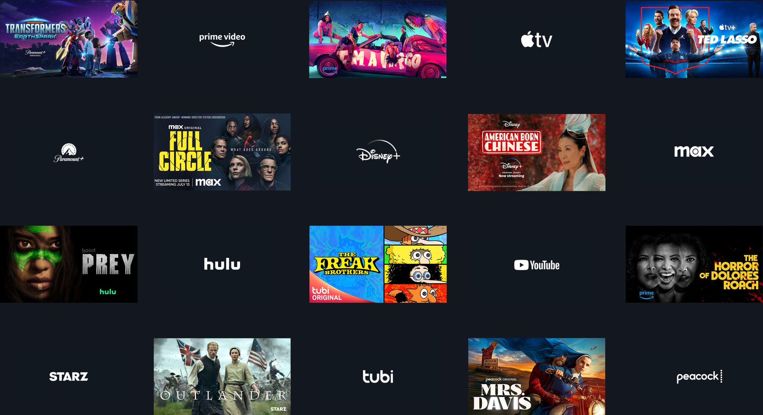 Checkerboard montage of scenes from various shows is with logos from streaming services like Prime Video, Hulu, Apple TV, Max. 