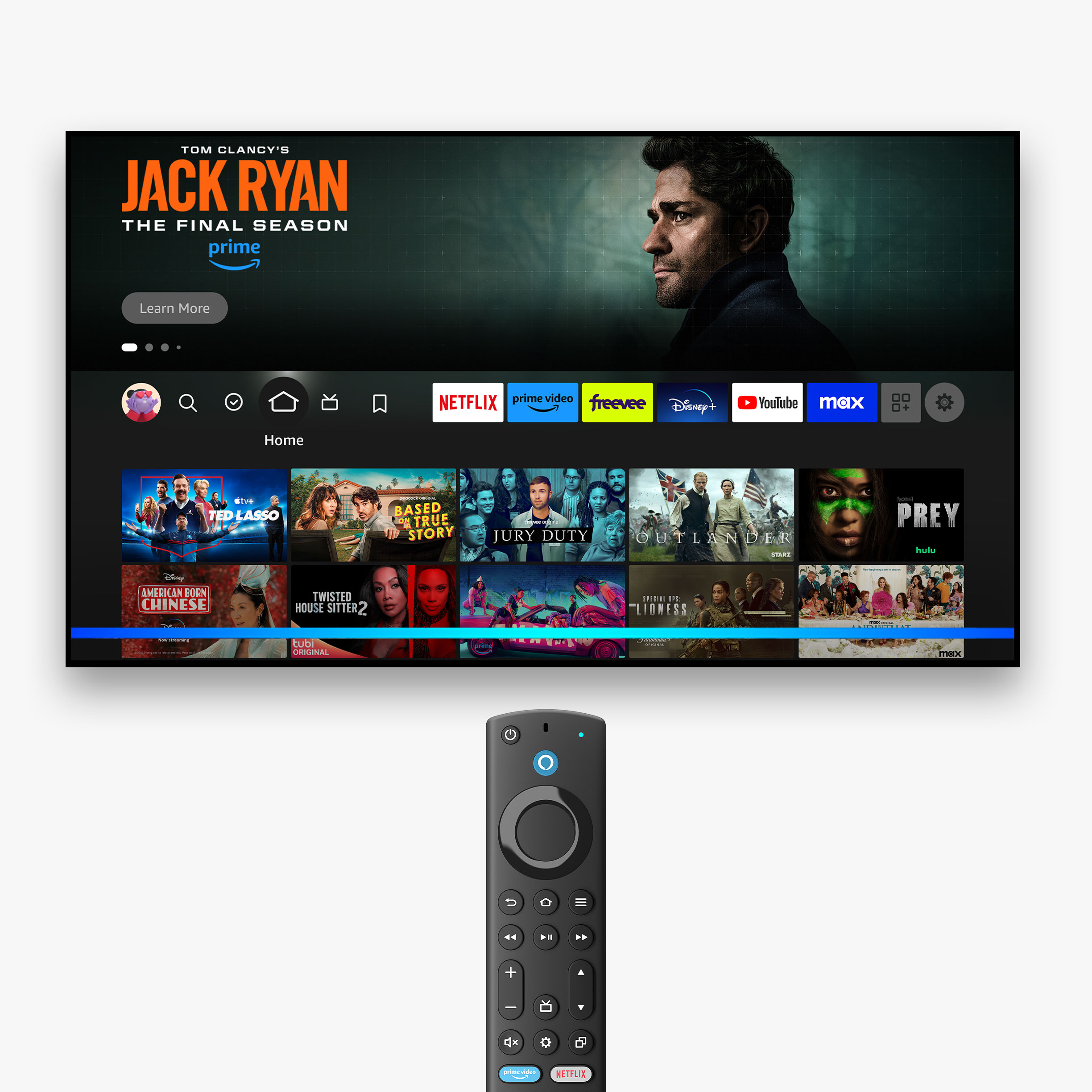A smart TV displays the Prime Video home screen with various content. A blue bar extends across the interface to show Alexa voice control is active. Beneath the TV is a Fire TV Alexa Voice Remote Enhanced.