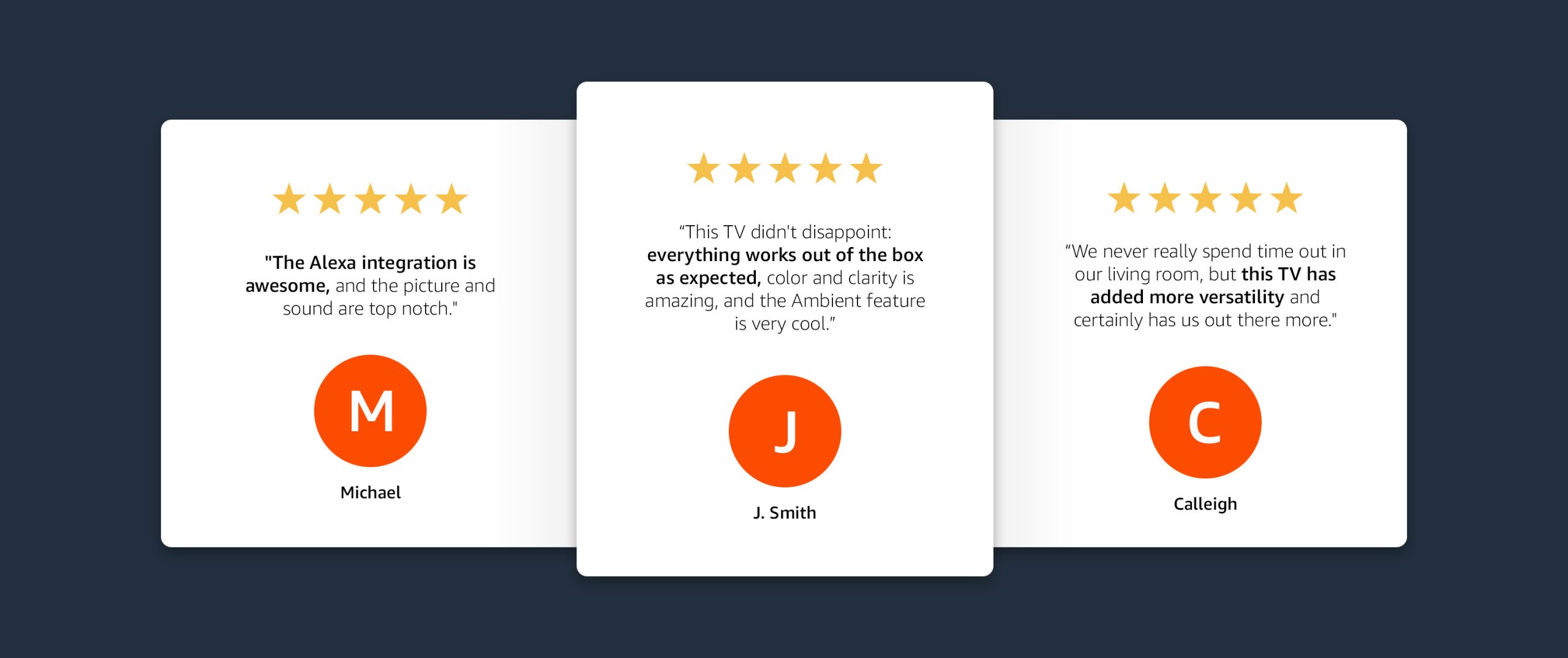 Screenshots of three 5-star customer reviews that mention Alexa integration, versatility, and amazing color and picture quality.