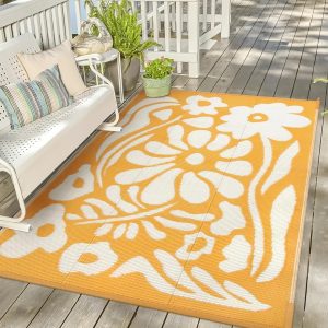 Uphome Outdoor Rug Mat Waterproof 5x8 ft, Reversible Outdoor Plastic Straw Rug, Orange Floral Patio Rug, Foldable RV Camping Rug, Indoor Outdoor Area Rug for Backyard Deck Pool Balcony Picnic, 5'x8'